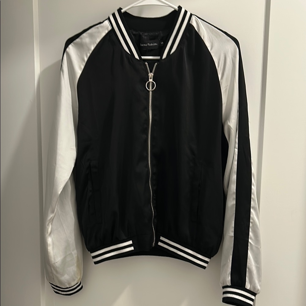 LF Black and White Bomber Jacket with Varsity Style
